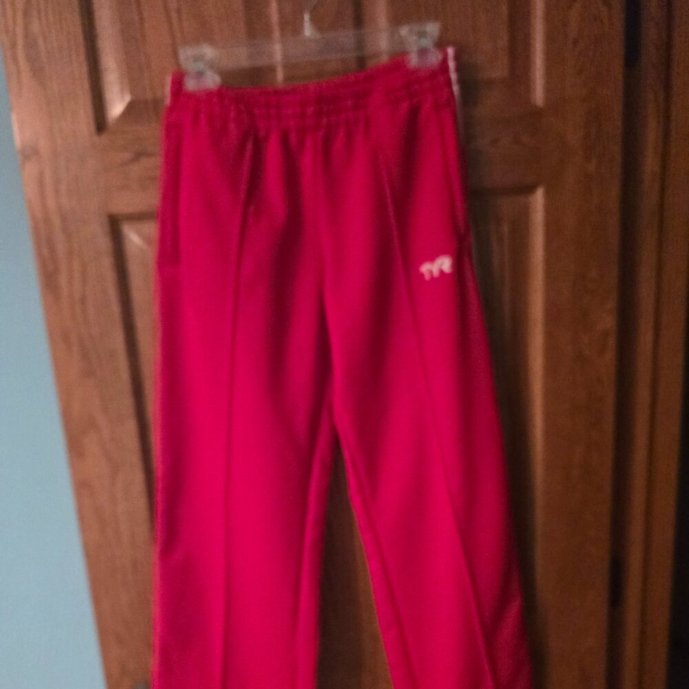 Men’s TYR Red Warm-Up Sweatpants M 33” Inseam White Stripe Track Pants